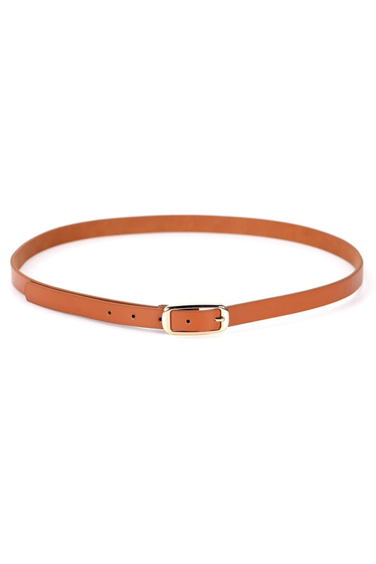 Gold Buckle Thin Belt - Brown
