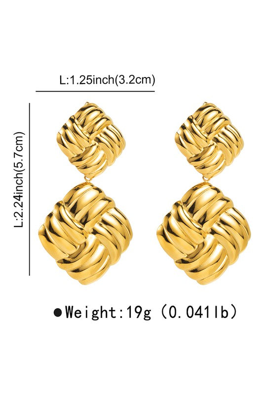 Gold Plated Striped Square Drop Earrings - Gold