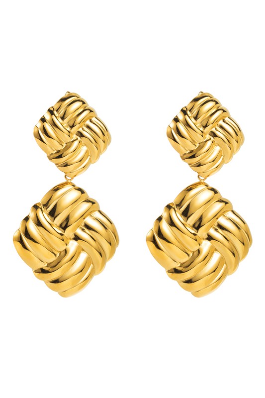 Gold Plated Striped Square Drop Earrings - Gold