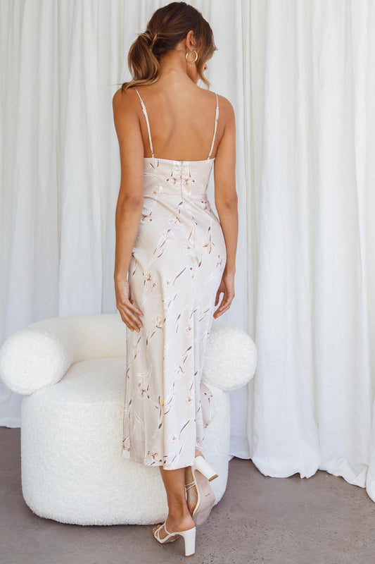 Lake Como Fitted Bodice Cami Strap Midi Dress Orchid Print Beige