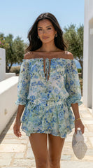 Cyrene Floral Off-Shoulder Mini Dress - Floral Green