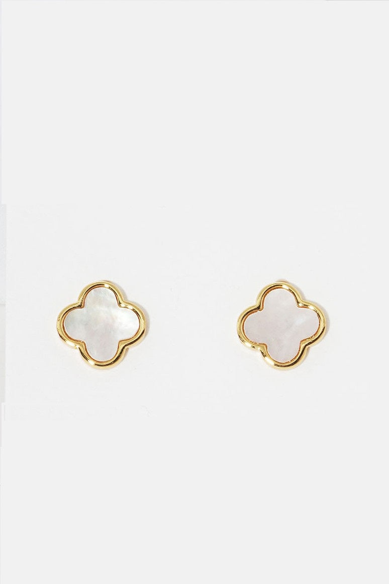 Gold Dipped Clover Stud Earrings - White