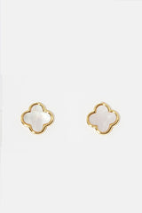 Gold Dipped Clover Stud Earrings - White