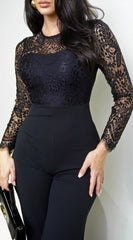 Marise Lace Top Knit Jumpsuit - Black