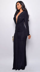 Leilani Metallic Ruched Deep V Maxi Dress - Black