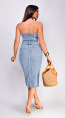Lucia Denim Front Slit Midi Dress - Light Blue