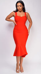 Lorena Red Fluted Bandage Midi Dress