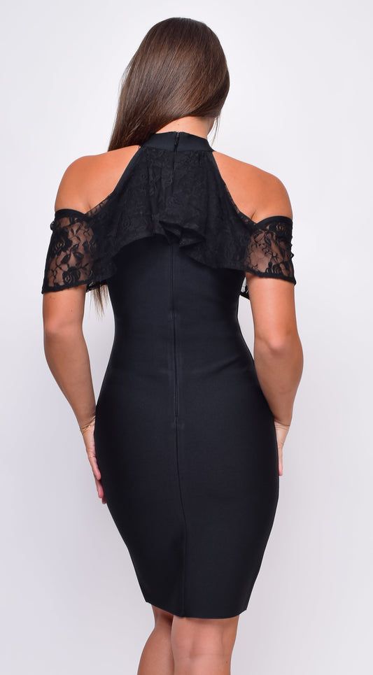 Evenia Black Mock Neck Lace Ruffle Open Shoulder Bandage Midi Dress