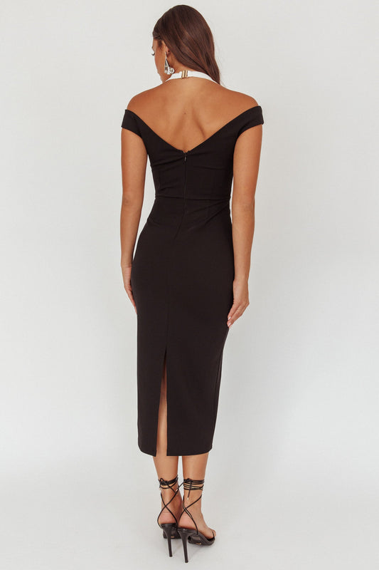 Tyla Contrast Mesh Halter Midi Dress Black