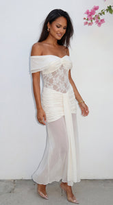 Elarisse Lace Mesh Maxi Dress - Cream White