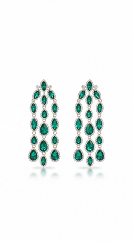 Nia Rhinestone Fringe Earrings - Green