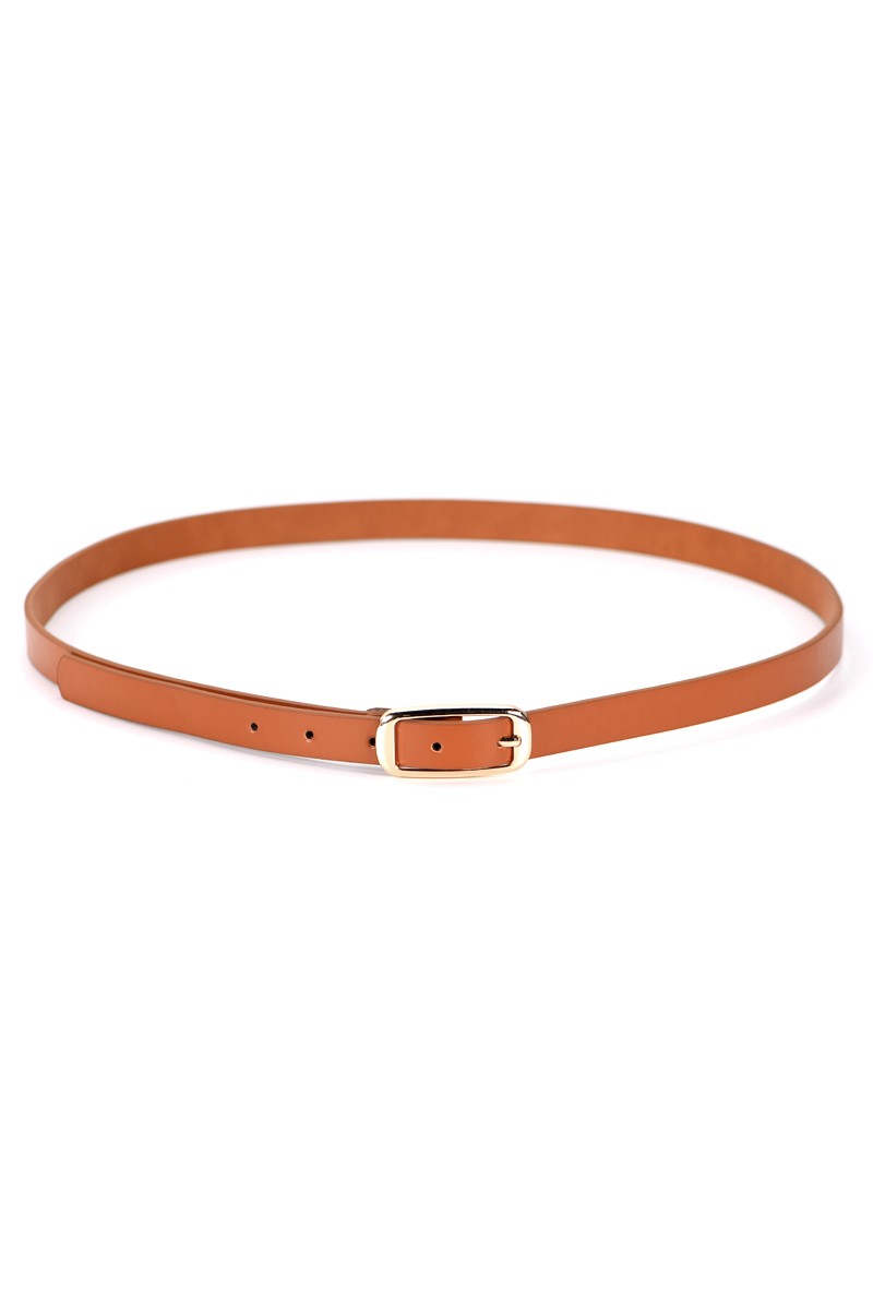 Gold Buckle Thin Belt - Brown