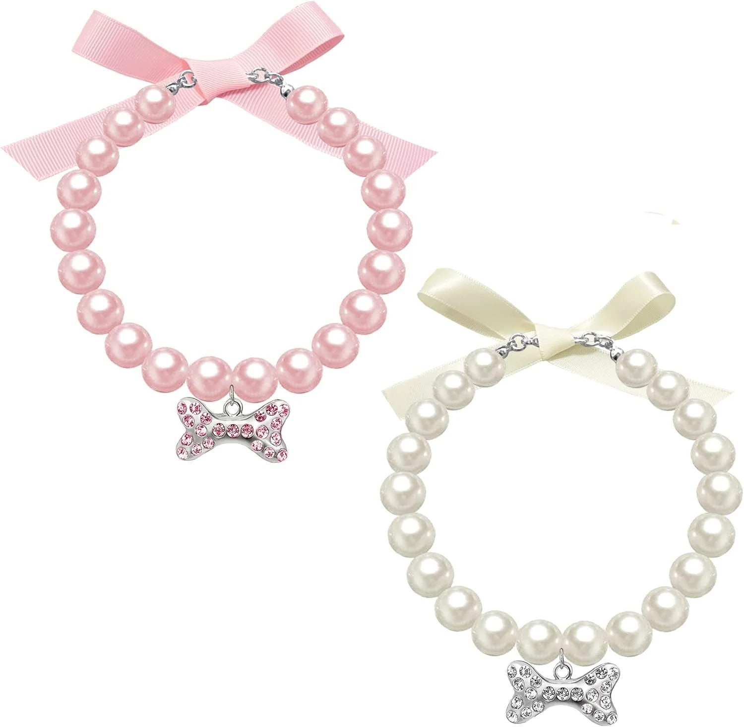 2 Pack Pearl Pet Collar Necklace for Cats and Small Dogs – Adjustable Rhinestone Bone Charm Wedding Collar Jewelry for Kittens and Puppies (8–10 Inch Neck)
