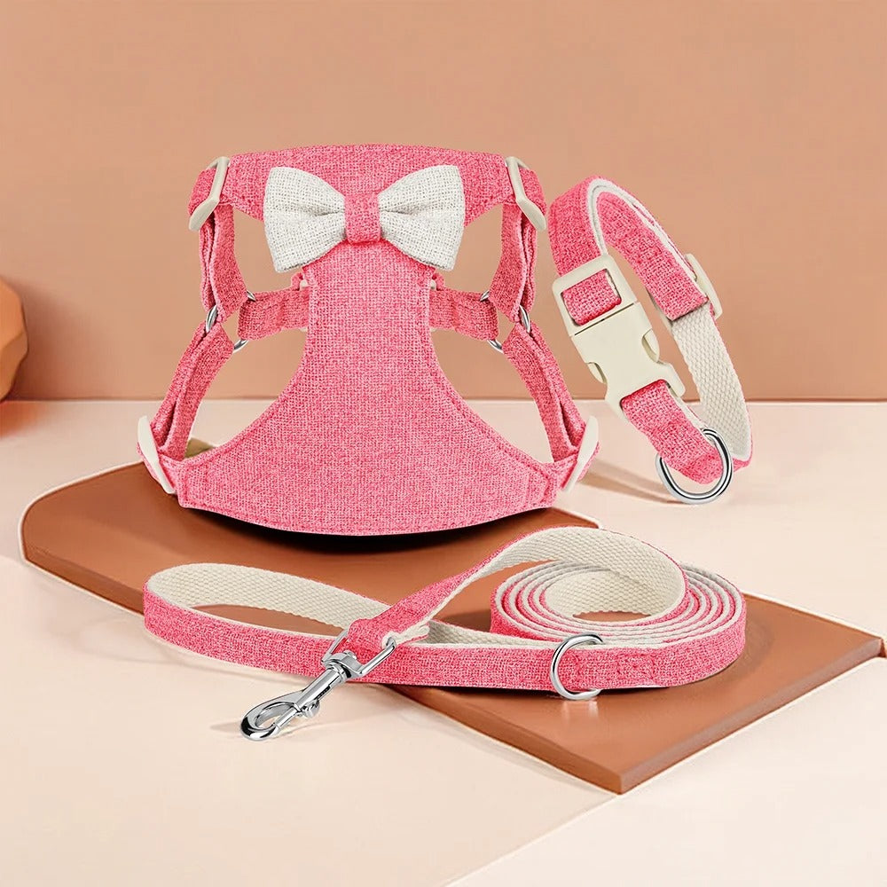 3pcs Bowtie Mesh Harness Set for Small Dogs and Cats, Step-In Vest with Adjustable Collar and Walking Leash, Soft Breathable Puppy Pet Outfit XXS–S