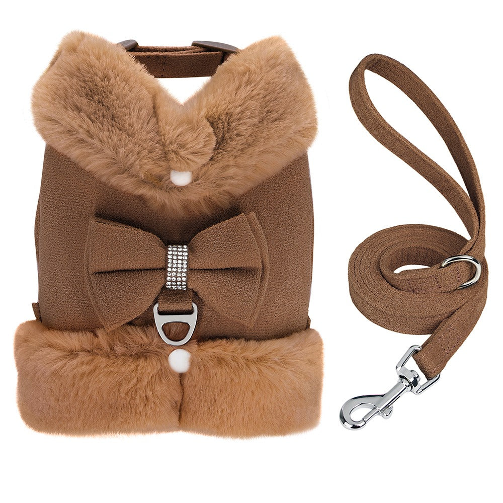 Soft Plush Small Dog Harness and Leash Set with Cute Removable Bowtie, Warm Padded Vest for Puppies, Adjustable Chest Strap for Safe Walking