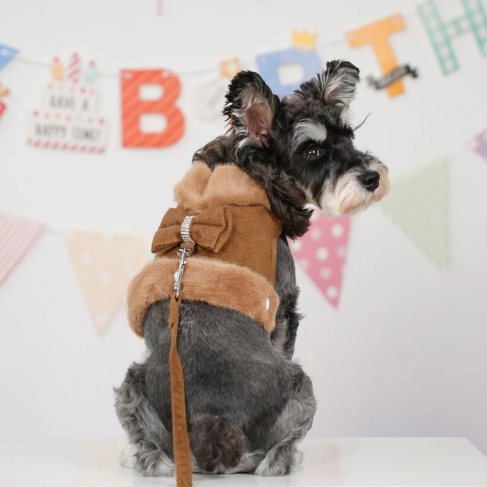 Soft Plush Small Dog Harness and Leash Set with Cute Removable Bowtie, Warm Padded Vest for Puppies, Adjustable Chest Strap for Safe Walking