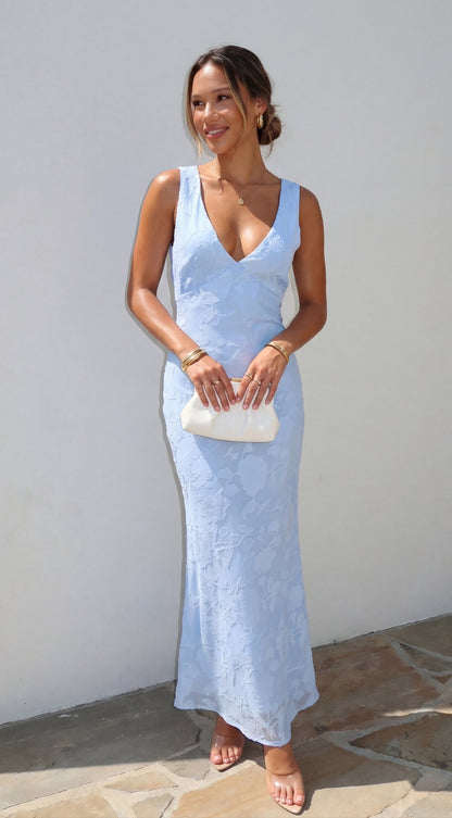 Elyra Floral Burnout Halter Maxi Dress - Blue