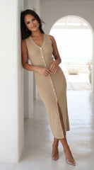 Nela Button Front Ribbed Knit Midi Dress - Beige