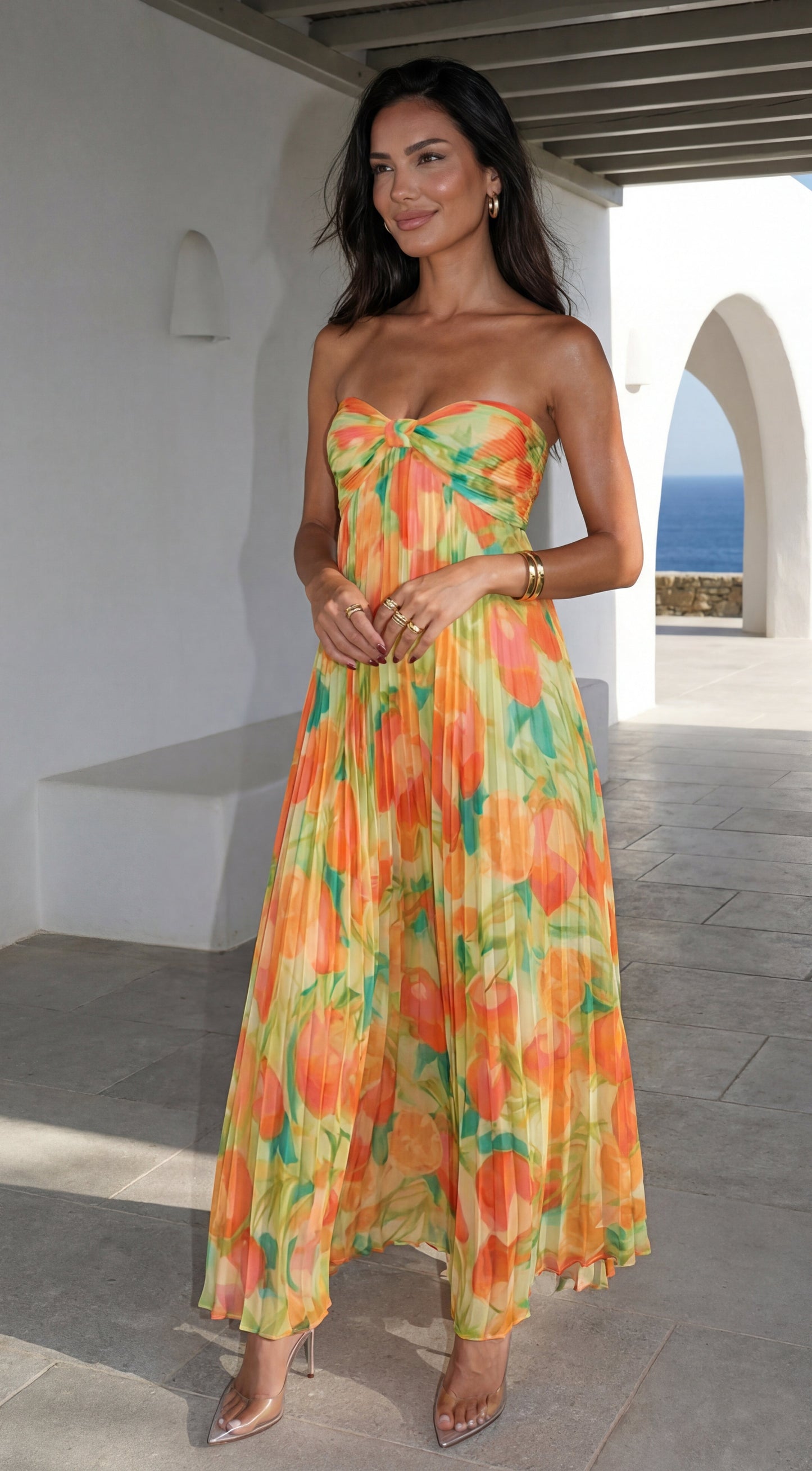 Nayira Floral Pleated Strapless Maxi Dress - Orange Multi
