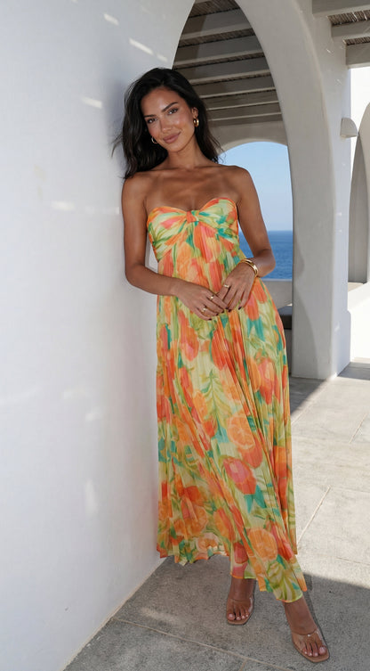 Nayira Floral Pleated Strapless Maxi Dress - Orange Multi