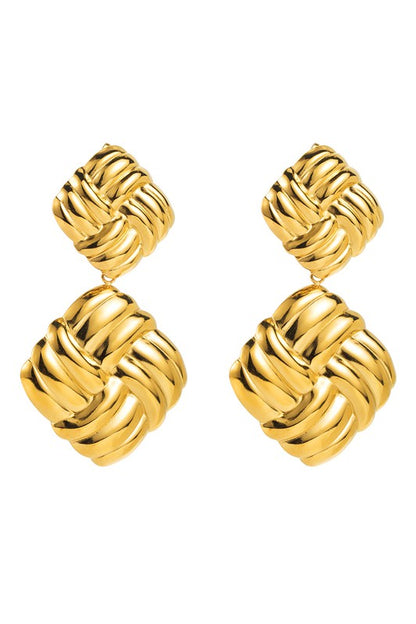 Gold Plated Striped Square Drop Earrings -  Gold