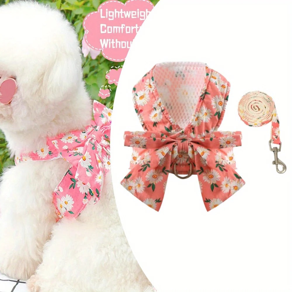 No Pull Small Dog and Cat Harness with Floral Pattern, Escape-Proof Adjustable Puppy Vest and Matching Leash Set for Girls, Soft Breathable Mesh for Comfortable Walks (Pink)