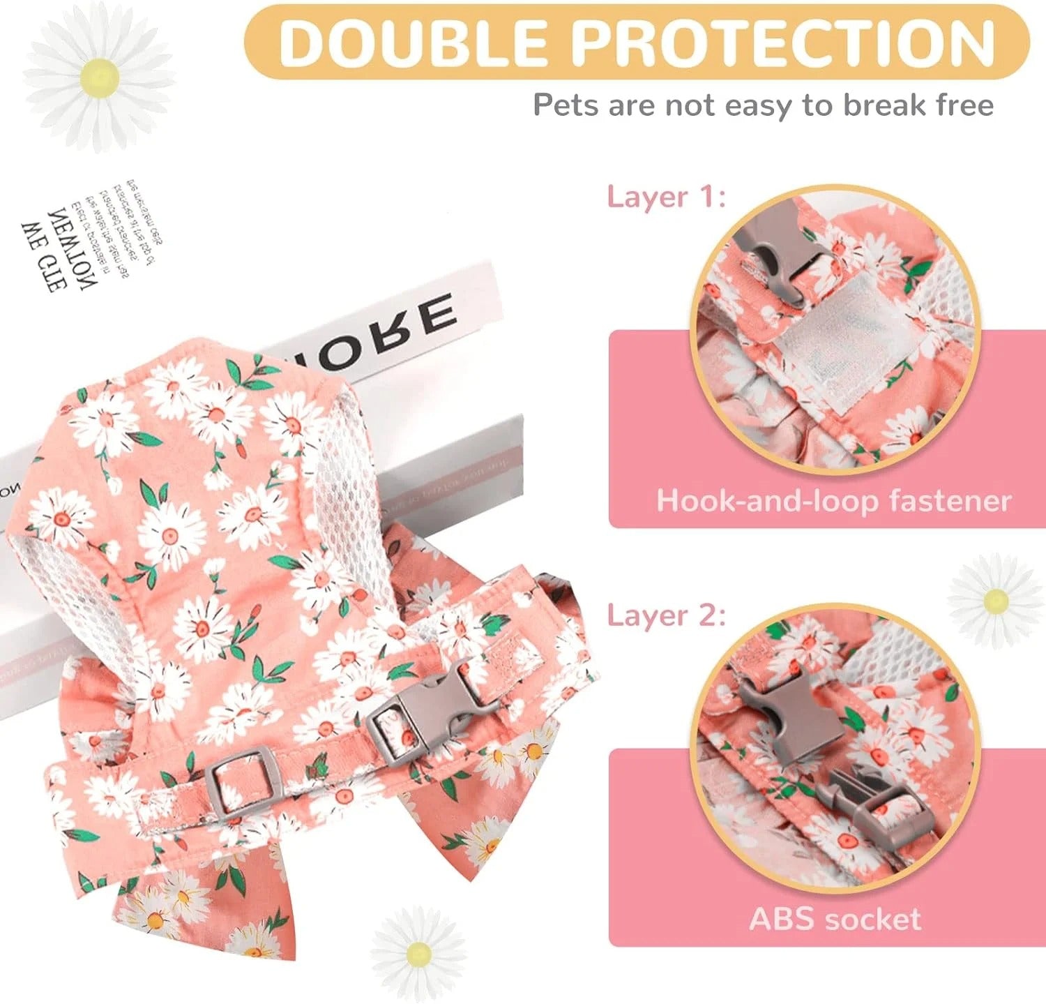 No Pull Small Dog and Cat Harness with Floral Pattern, Escape-Proof Adjustable Puppy Vest and Matching Leash Set for Girls, Soft Breathable Mesh for Comfortable Walks (Pink)