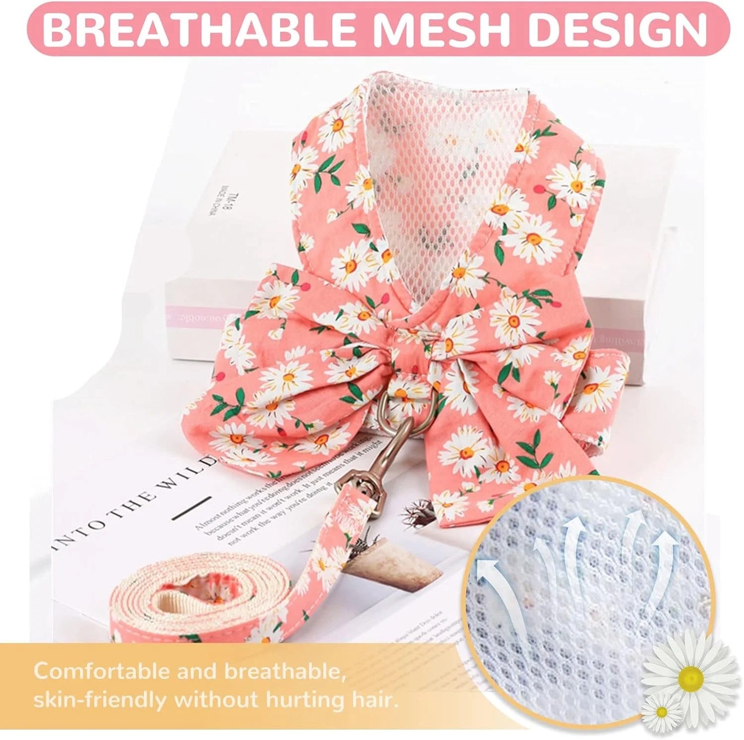 No Pull Small Dog and Cat Harness with Floral Pattern, Escape-Proof Adjustable Puppy Vest and Matching Leash Set for Girls, Soft Breathable Mesh for Comfortable Walks (Pink)