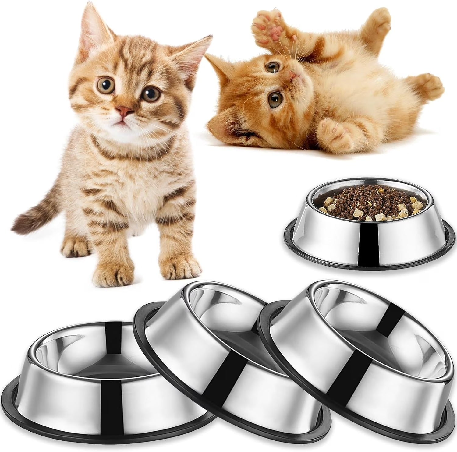 3-Pack Stainless Steel Cat Bowls for Cats and Small Dogs, 4.5 Inch Non-Slip Whisker-Friendly Pet Feeding Bowl, 7 Oz Water and Food Dish for Kittens Puppies, Anti-Slip Fatigue Relief Design