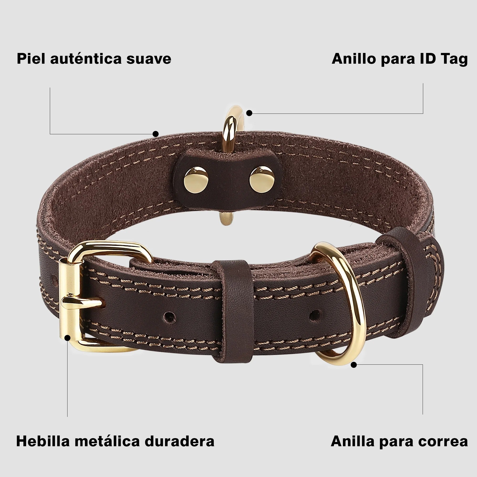 Heavy Duty Leather Dog Collar for Medium Dogs, Adjustable Comfortable Walking Collar, Durable Double D-Ring Strap, Brown Classic Style