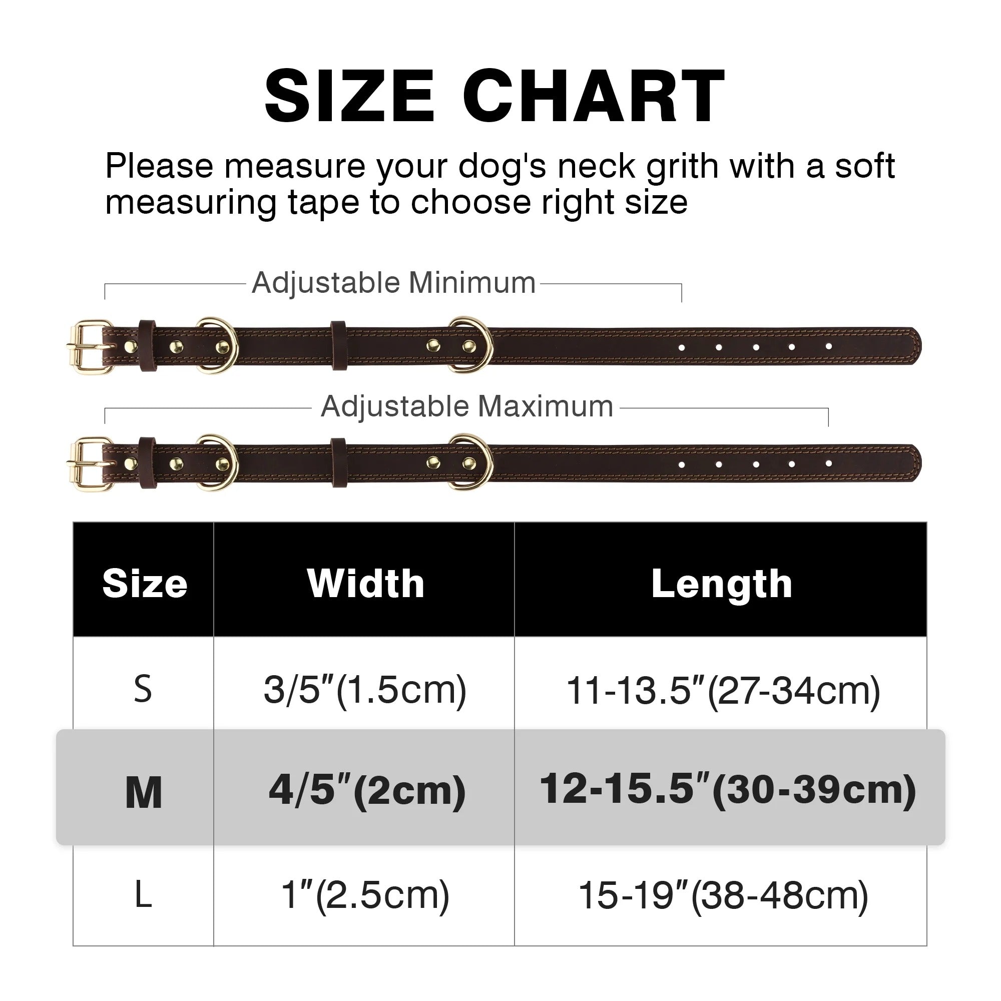 Heavy Duty Leather Dog Collar for Medium Dogs, Adjustable Comfortable Walking Collar, Durable Double D-Ring Strap, Brown Classic Style