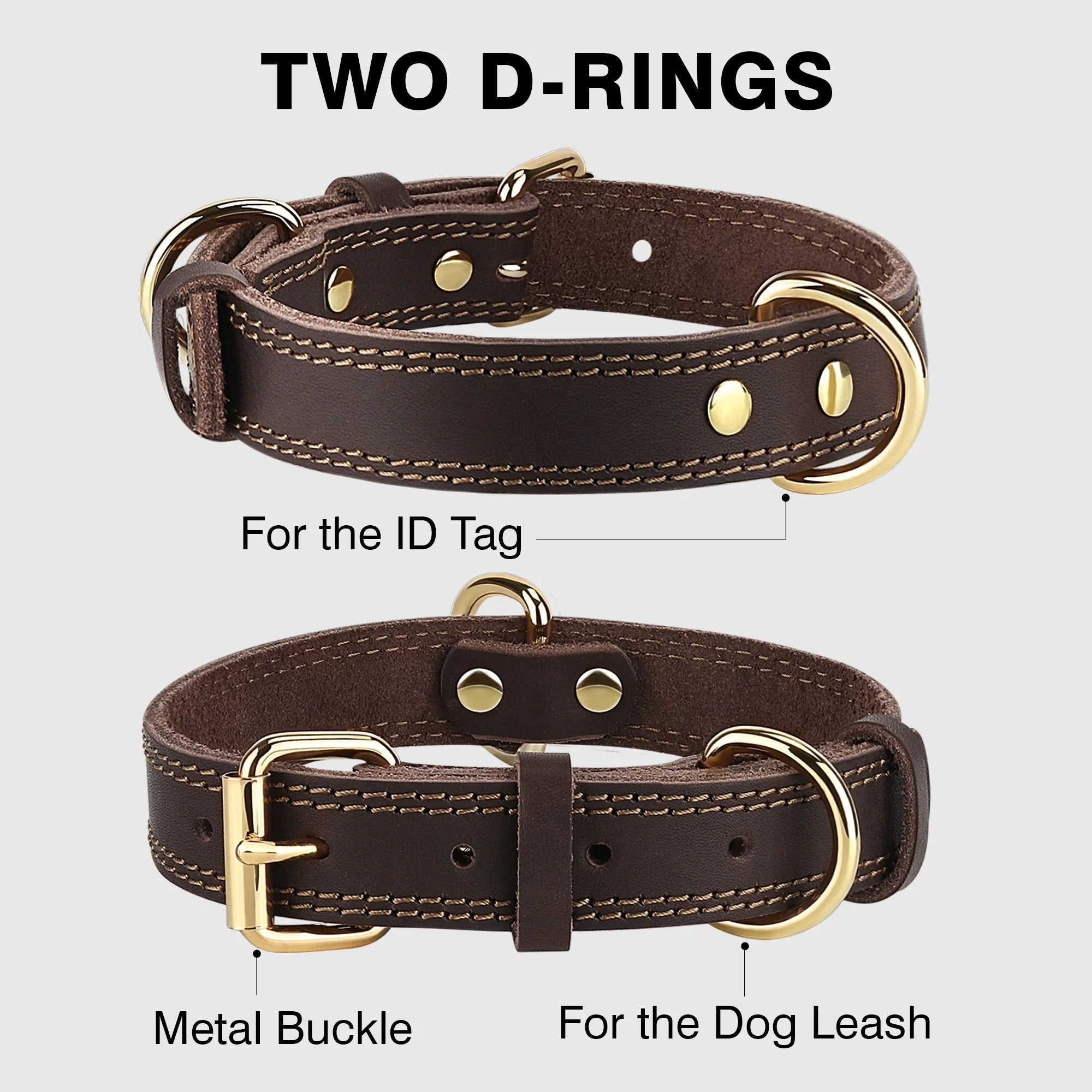 Heavy Duty Leather Dog Collar for Medium Dogs, Adjustable Comfortable Walking Collar, Durable Double D-Ring Strap, Brown Classic Style