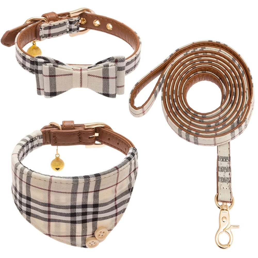 Adjustable Plaid Dog Collar and Leash Set with Cute Bow Tie & Bandana, Small Dog Leather Collar, Comfortable Stylish Neckwear for Cats and Small Pets