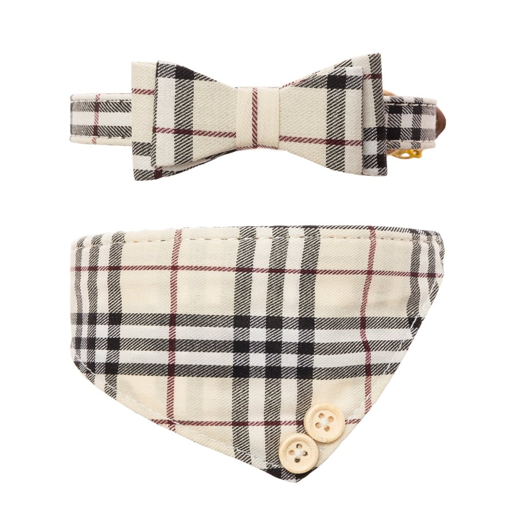Adjustable Plaid Dog Collar and Leash Set with Cute Bow Tie & Bandana, Small Dog Leather Collar, Comfortable Stylish Neckwear for Cats and Small Pets