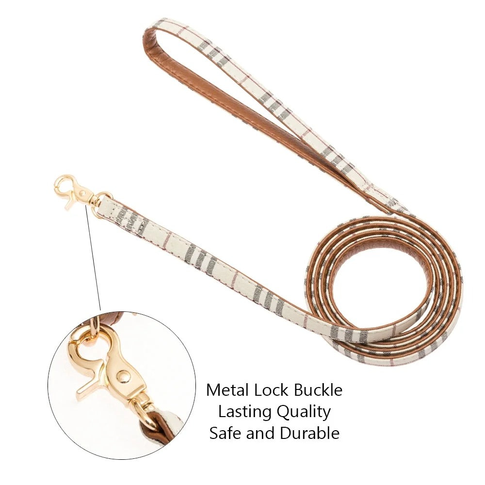 Adjustable Plaid Dog Collar and Leash Set with Cute Bow Tie & Bandana, Small Dog Leather Collar, Comfortable Stylish Neckwear for Cats and Small Pets