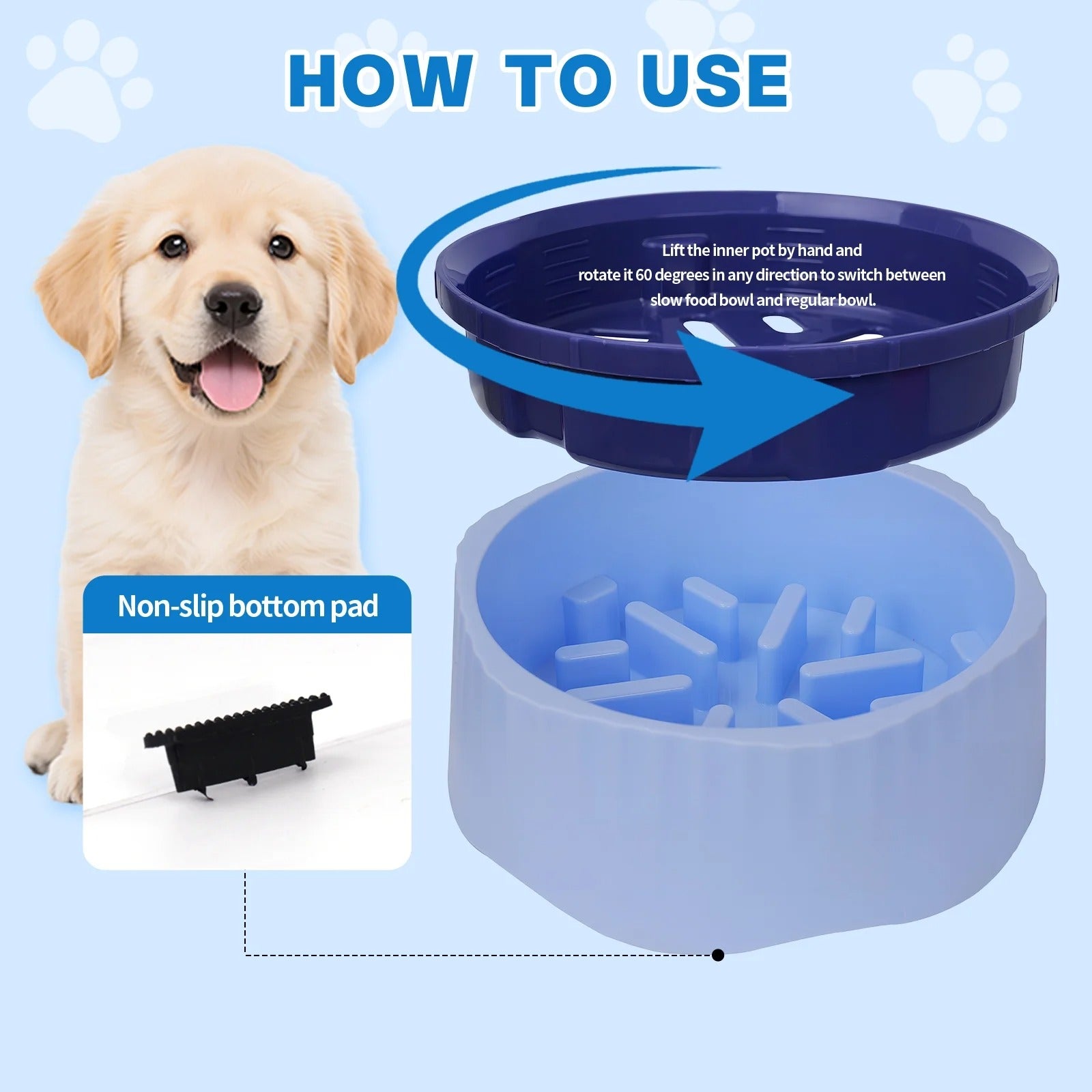 2-in-1 Convertible Slow Feeder Dog Bowl and Standard Pet Food Dish, Non-Slip Blue Dog and Cat Bowl, Adjustable Portion Control for Fast Eaters, 22oz & 40oz Dual-Mode Mealtime Bowl