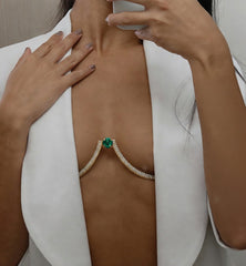 Luminous Green Crystal Bra Chain - Gold