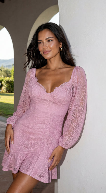 Nerano Lace Ruffle Asymmetric Mini Dress - Pink