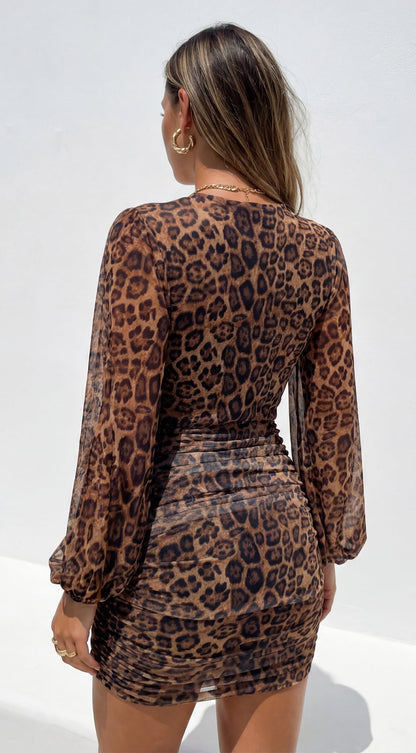 Deniz Surplice Leopard Print Mini Dress - Brown