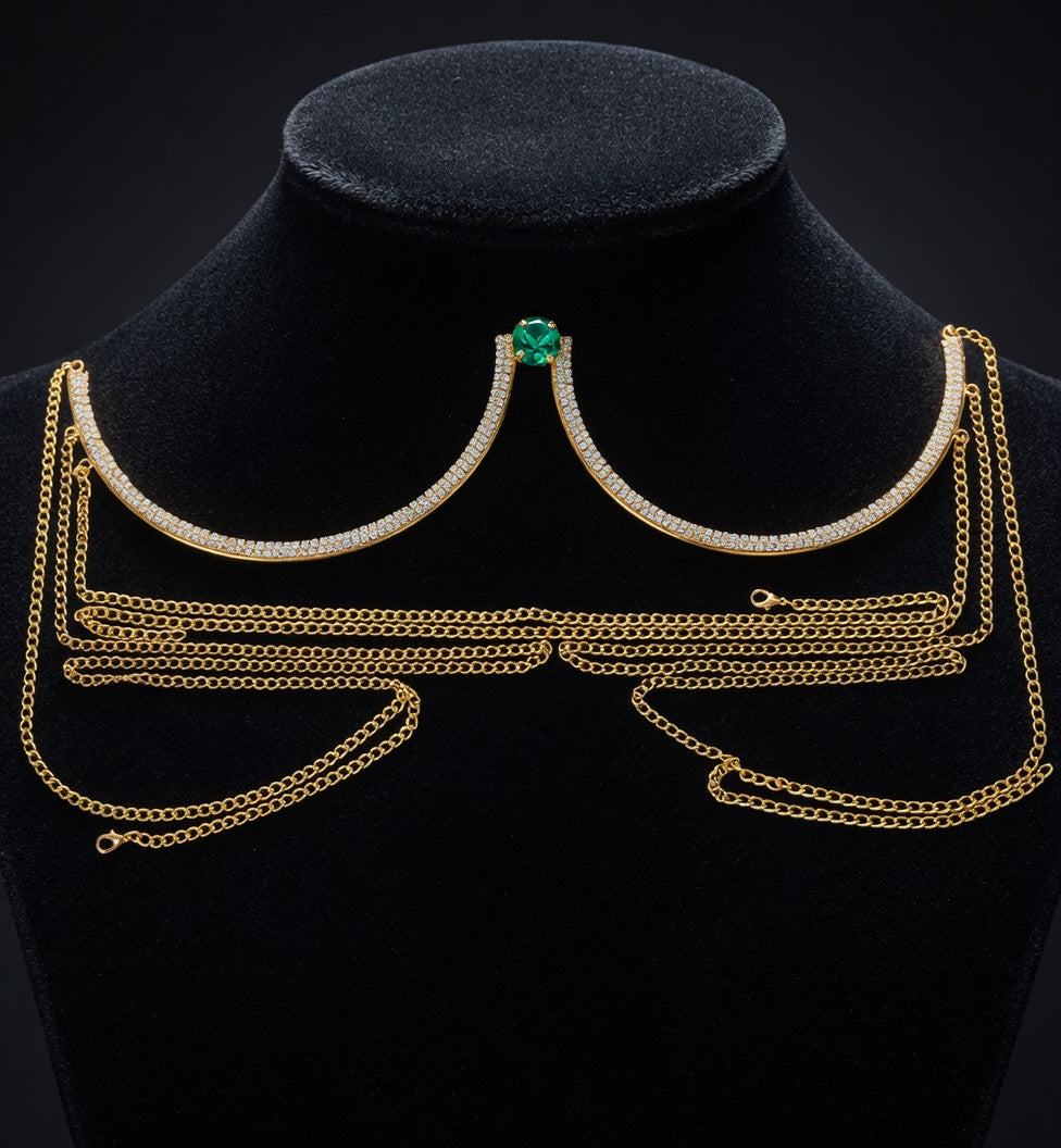 Luminous Green Crystal Bra Chain - Gold
