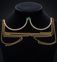 Luminous Green Crystal Bra Chain - Gold