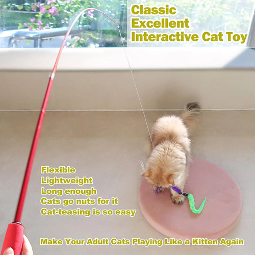 Telescopic Cat Feather Wand and Interactive Toy Set for Indoor Cats, Includes Replaceable Strings and Feather Refills, Encourages Exercise, Hunting Instinct, and Active Play