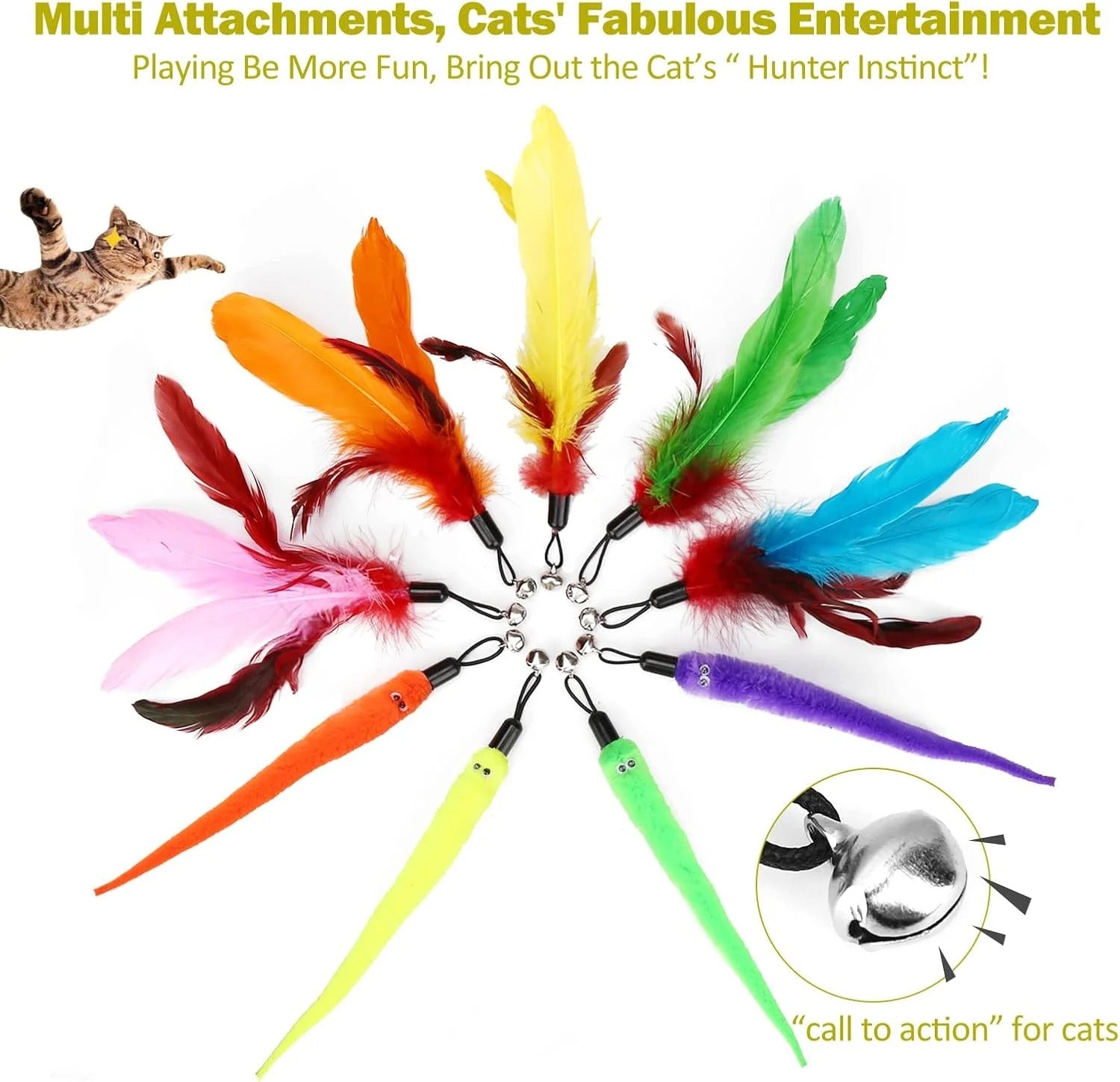 Telescopic Cat Feather Wand and Interactive Toy Set for Indoor Cats, Includes Replaceable Strings and Feather Refills, Encourages Exercise, Hunting Instinct, and Active Play