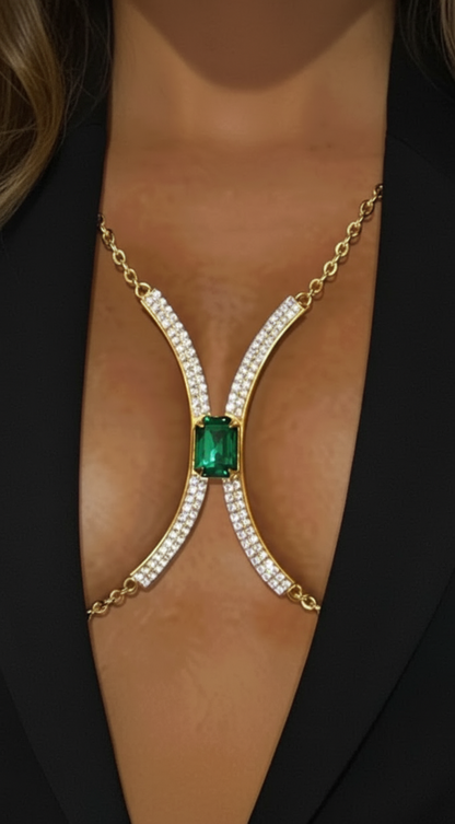 Elara Crystal Green Gem Bra Chain - Gold