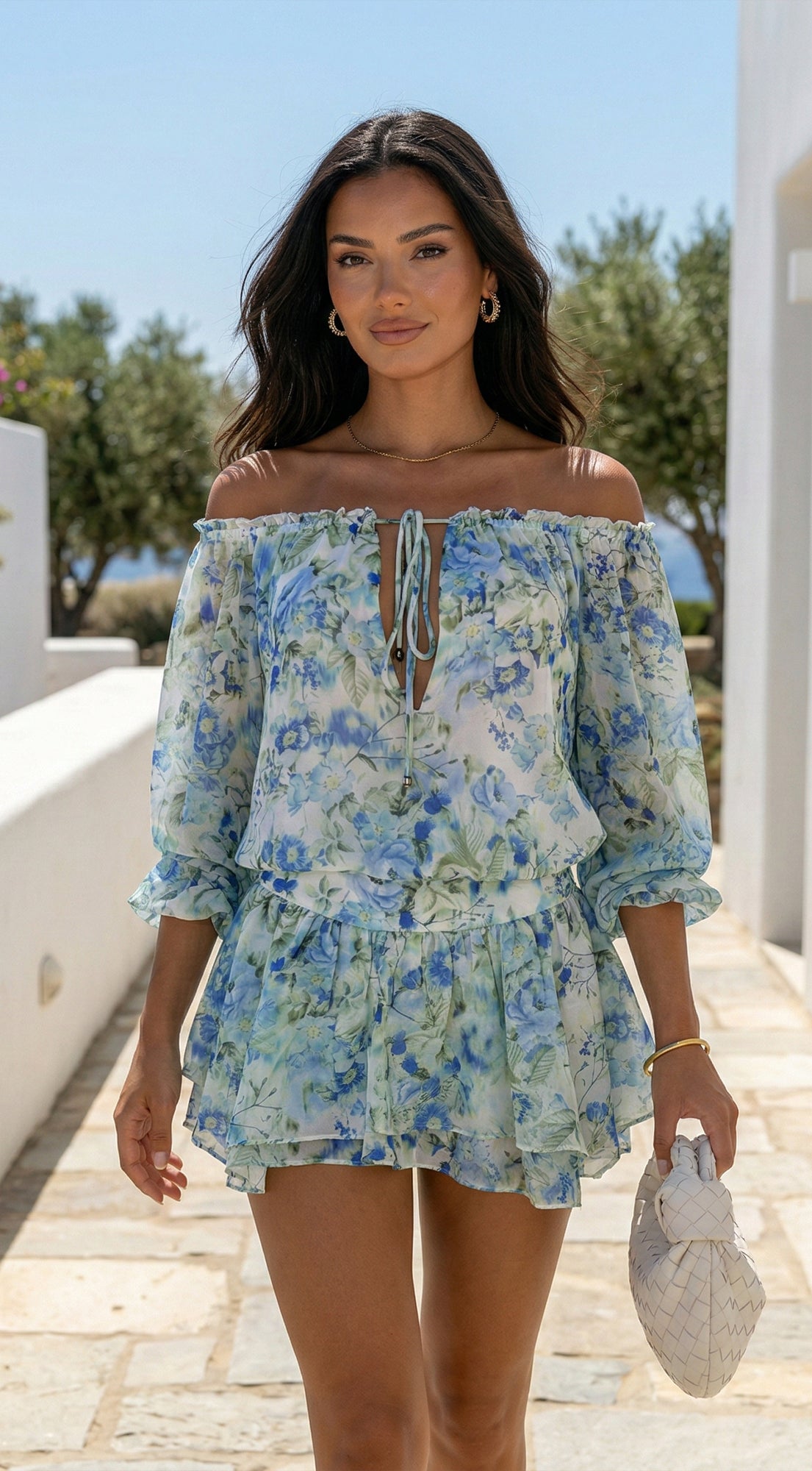 Cyrene Floral Off-Shoulder Mini Dress - Floral Green