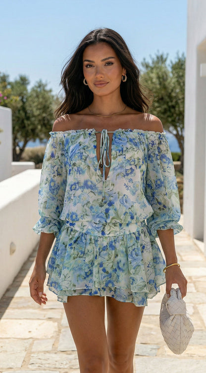 Cyrene Floral Off-Shoulder Mini Dress - Floral Green