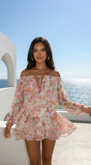 Cyrene Floral Off-Shoulder Mini Dress - Floral Pink