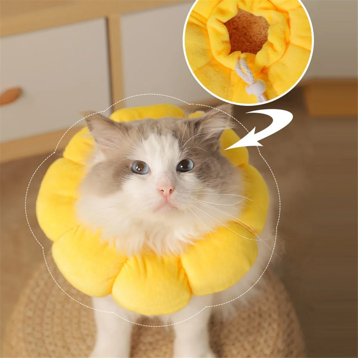 Sunflower Cat Recovery Collar, Soft Cotton Protective Cone for Cats, Adjustable Licking-Proof, Biting-Proof, and Scratching-Proof Post-Surgery and Wound Healing Collar for Kitty Comfort