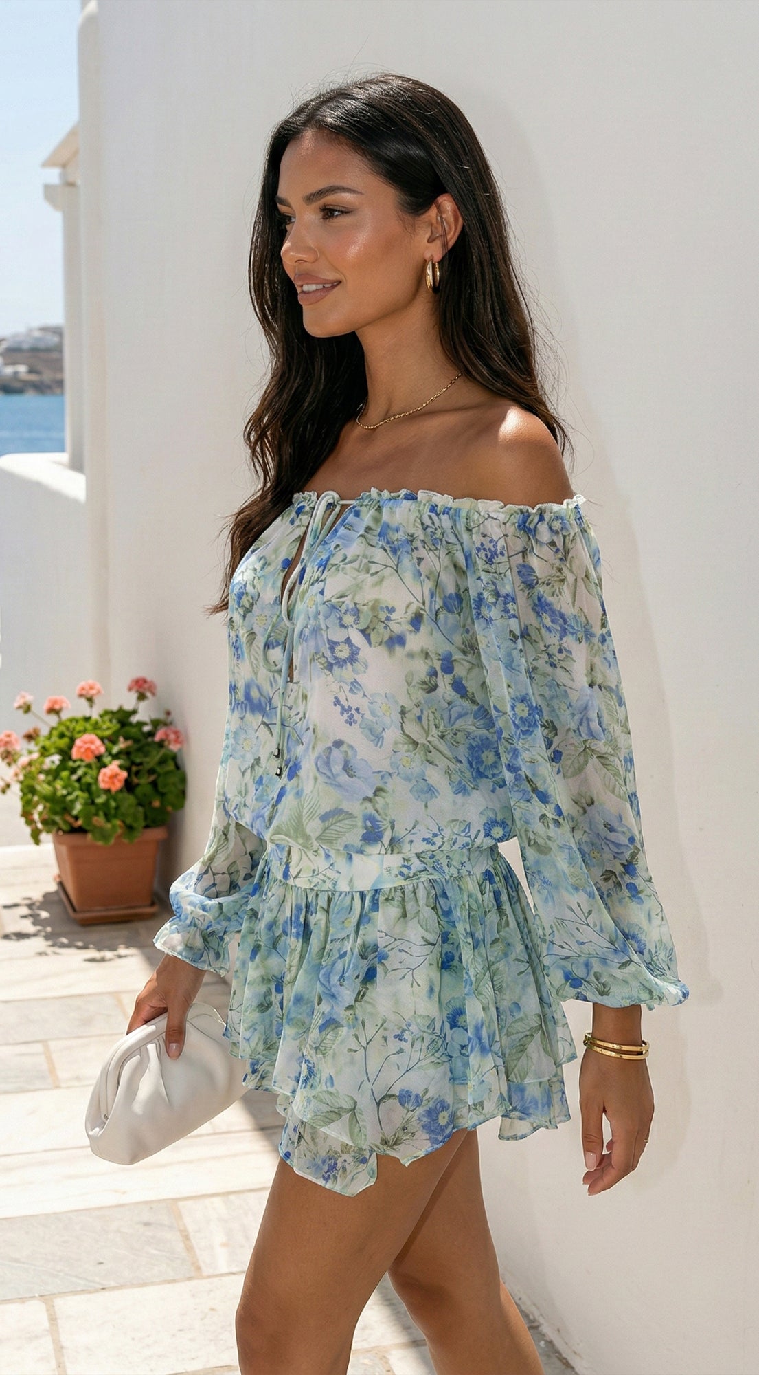 Cyrene Floral Off-Shoulder Mini Dress - Floral Green