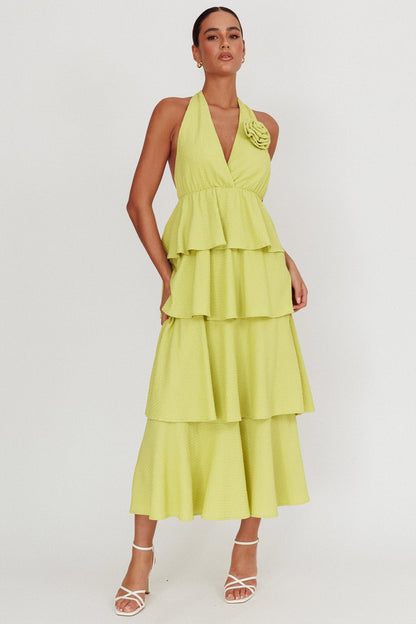 Kimberley Halter Neck Ruffle Maxi Dress Matcha